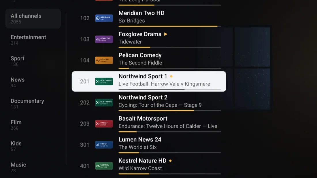 The channel list open over what is playing.
