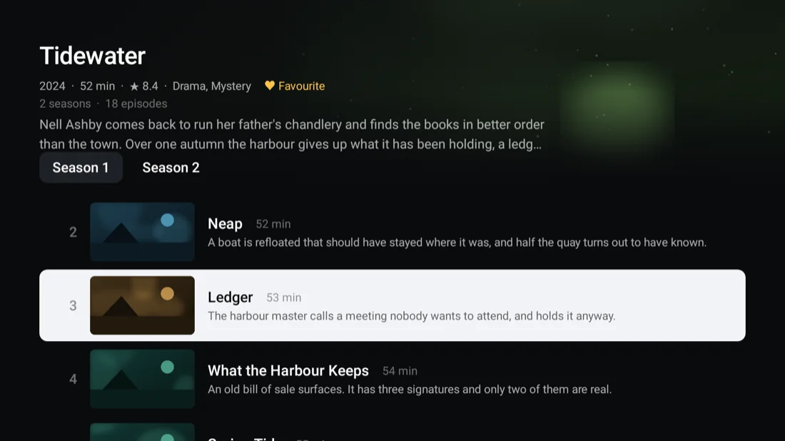 A series detail screen with backdrop and episode list.