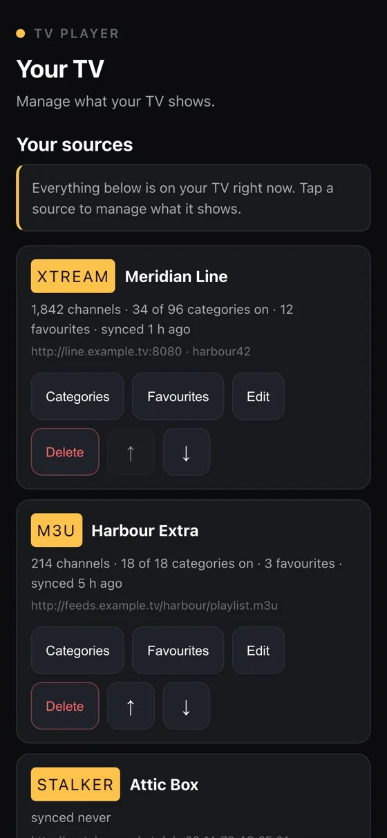 The console listing your playlist sources on a phone.