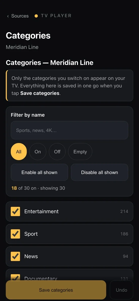 The category list, each one switchable.