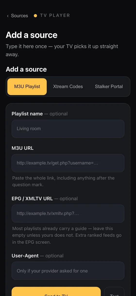Adding a source, with M3U, Xtream Codes and Stalker tabs.