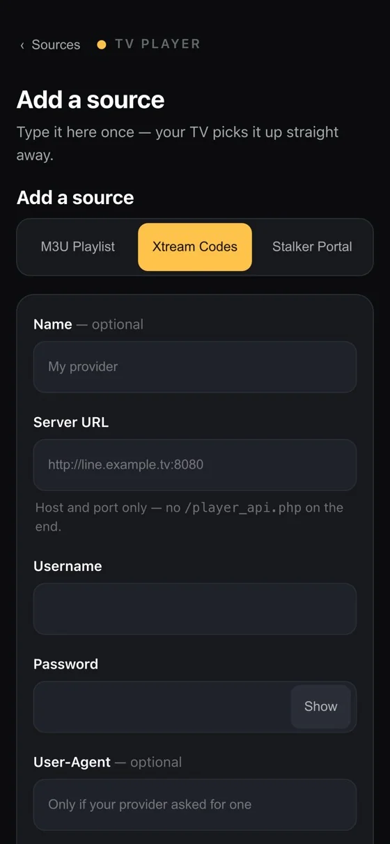 The Xtream Codes form: host, username and password.